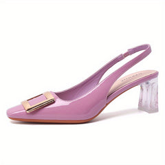 Metal Buckle Block Heel Pumps Square Toe Slingback Dress Heels