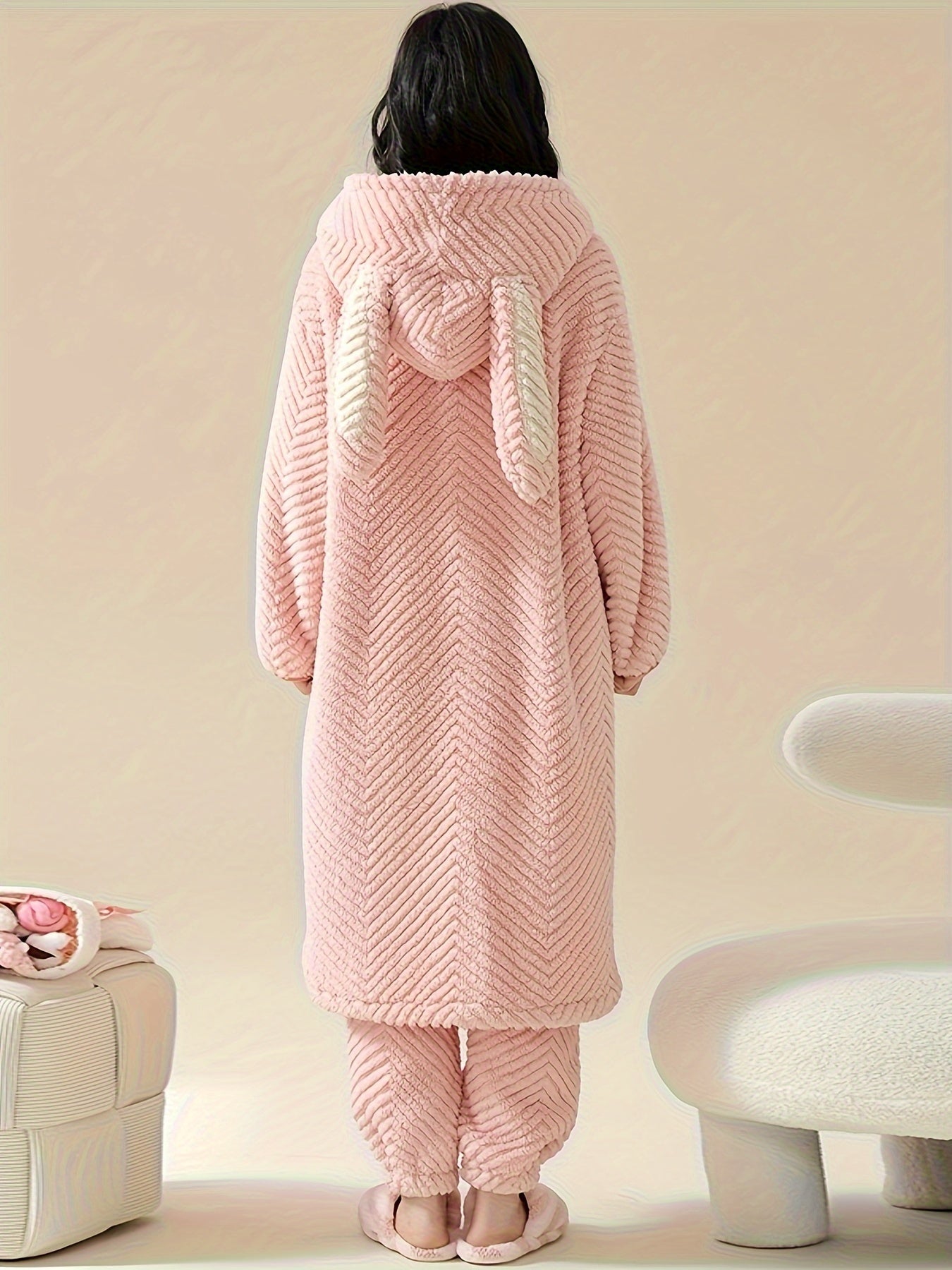 Cat Fuzzy Pajama Set Long Sleeve Hooded Robe & Pants Women's Sleepwear