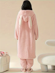Cat Fuzzy Pajama Set Long Sleeve Hooded Robe & Pants Women's Sleepwear