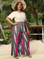 Casual Outfit: Solid Tee & Stripe High Rise Pants Set