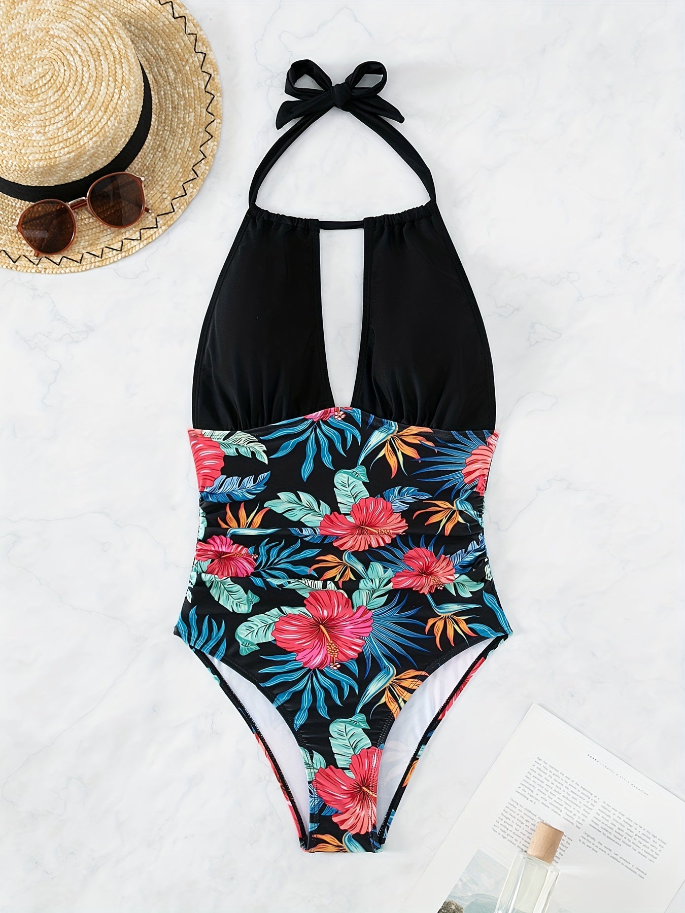 Floral Print Halter Swimsuit Ruched Backless One Piece Bathing Suit