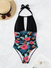 Floral Print Halter Swimsuit Ruched Backless One Piece Bathing Suit
