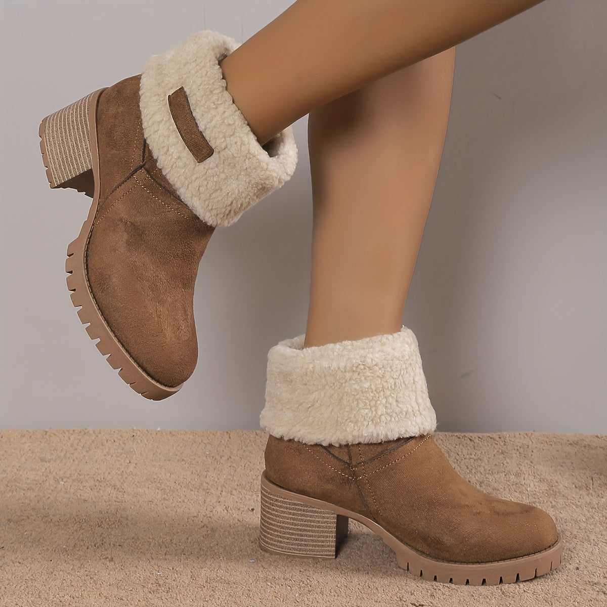 Women's Suedette Pattern Boots Solid Round Toe Thermal Lined Chunky Heel