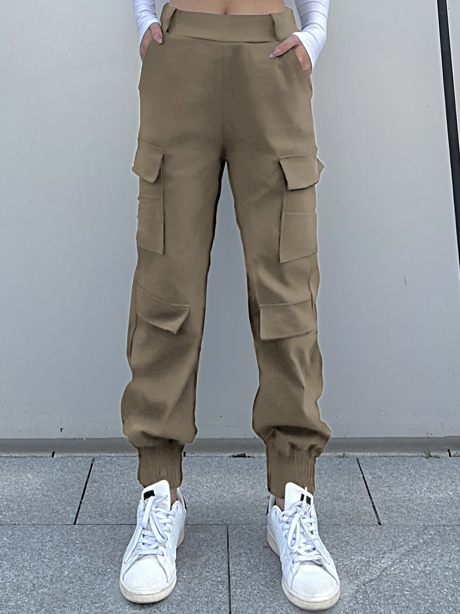 Women's Cargo Pants with Solid Flap Pockets - Elastic Waist