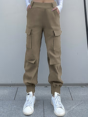 Women's Cargo Pants with Solid Flap Pockets - Elastic Waist