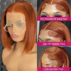 Orange Ginger Short Bob Straight Hair Wig 13x4 Lace Frontal 180 Density