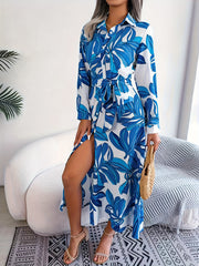 Tropical Print Long Sleeve Maxi Shirt Dress