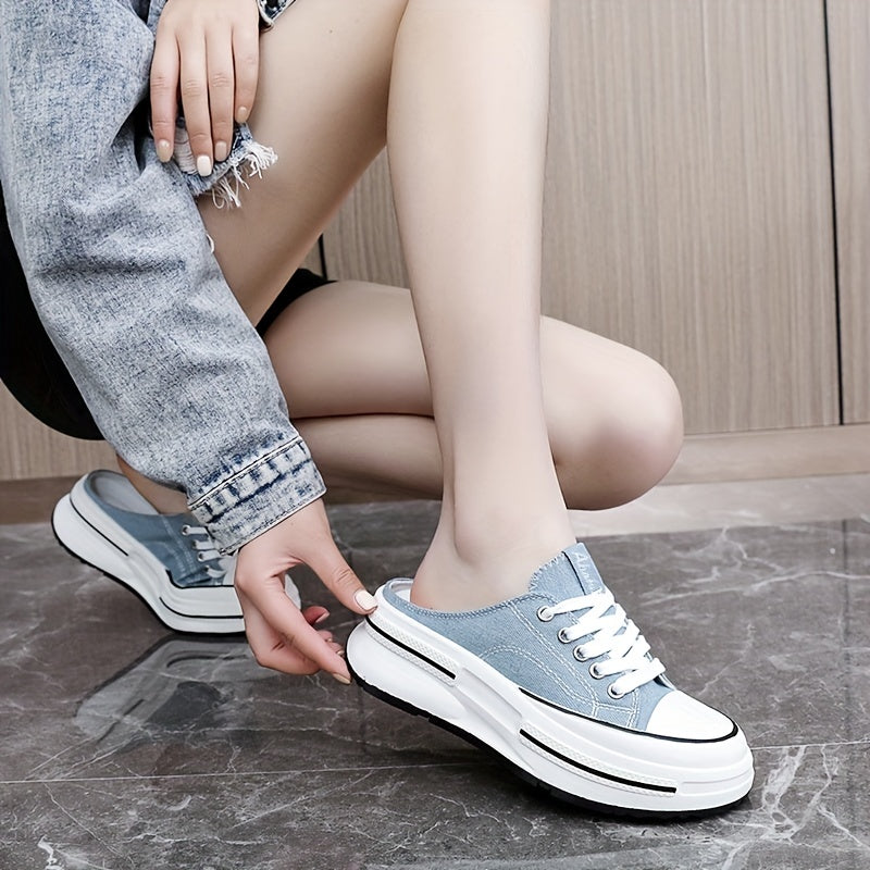 Women's Platform Canvas Shoes Mule Sneakers Lace Up Comfortable Walking