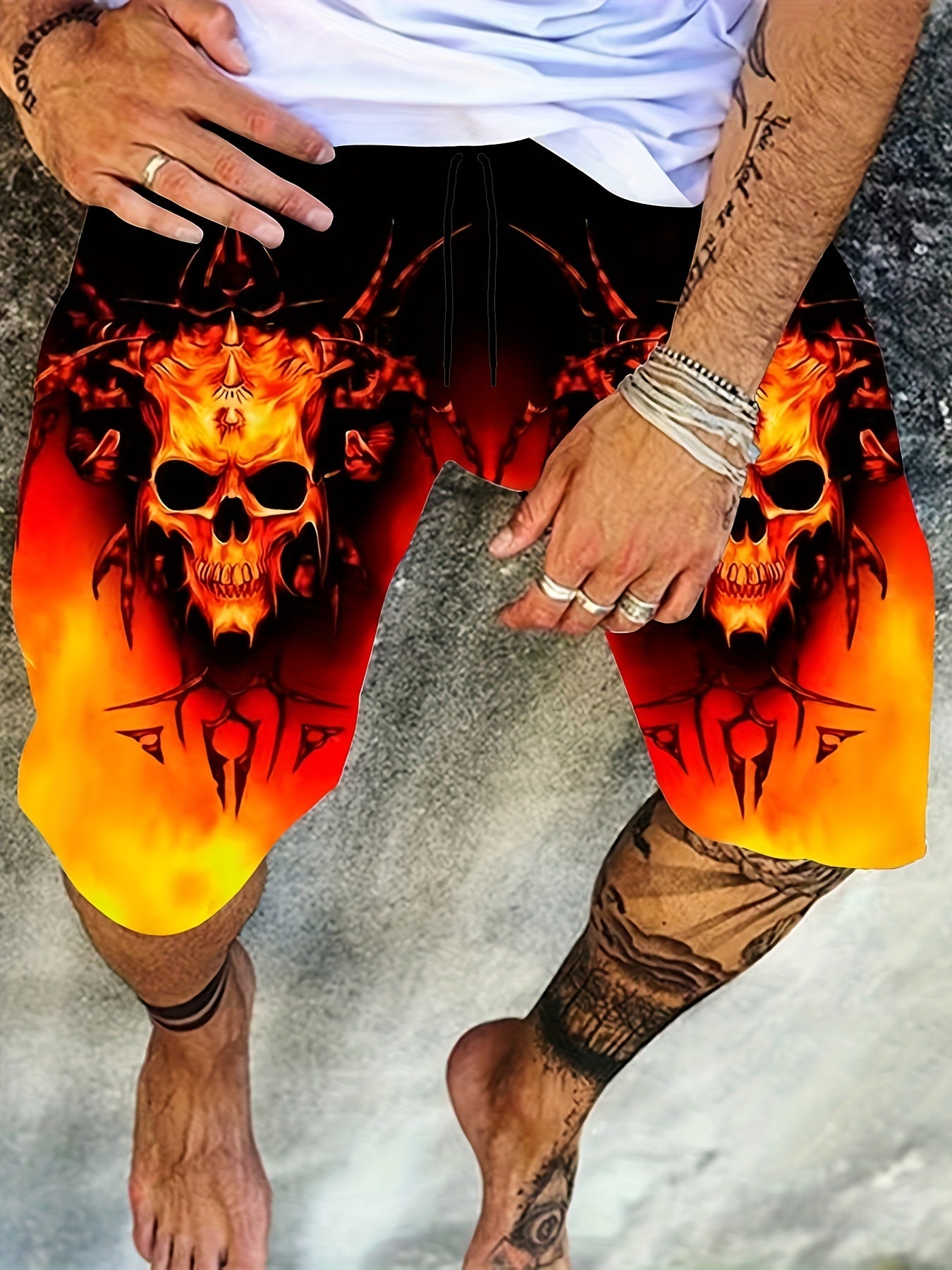 Men's Fiery Skull Graphic Shorts Elastic Waist Stretch Summer Outdoor Wear