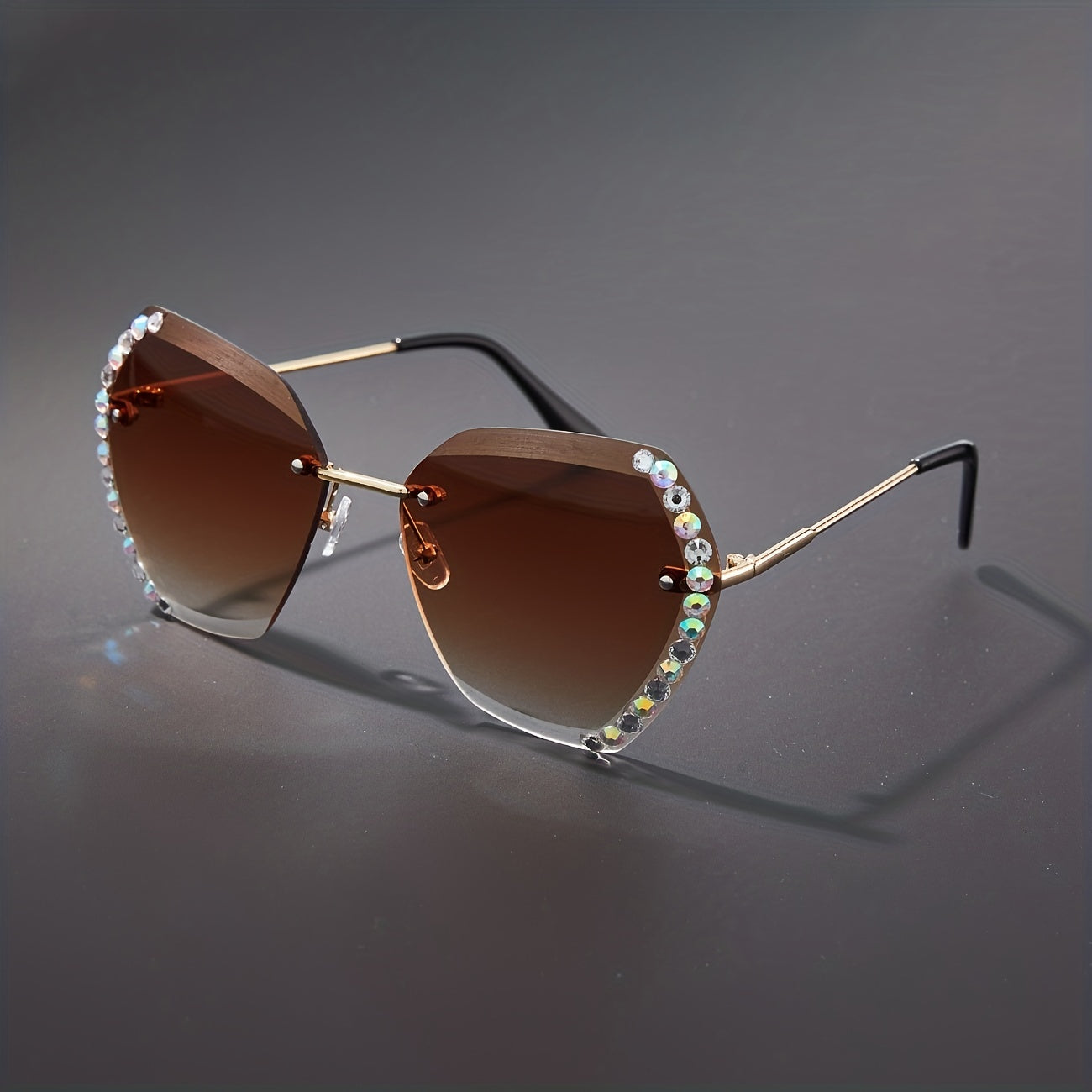 Rimless Ombre Lens Sunglasses Rhinestone Decor Glasses