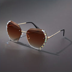 Rimless Ombre Lens Sunglasses Rhinestone Decor Glasses