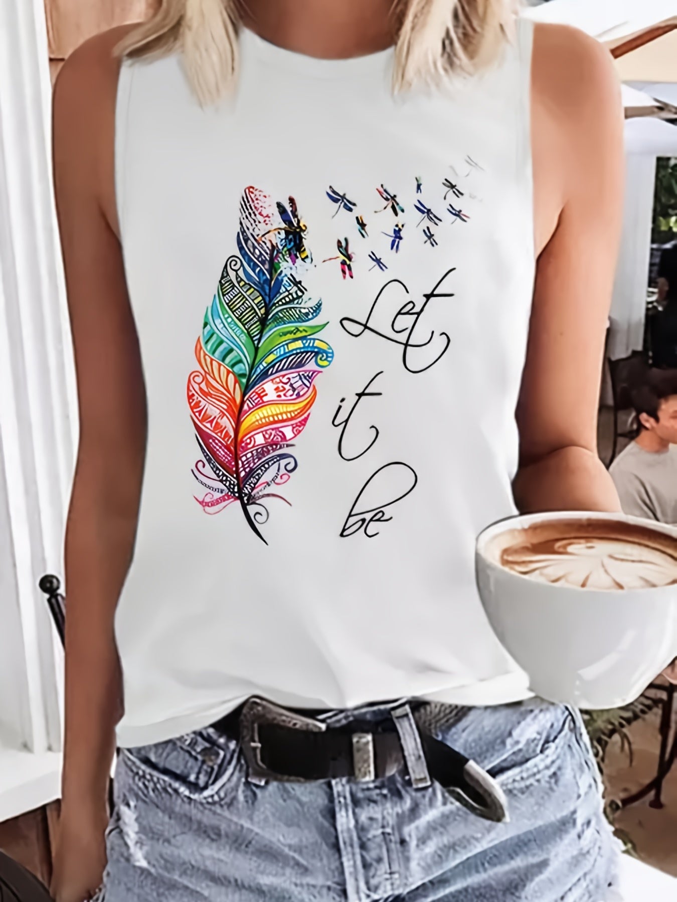 Feather Print Tank Top Sleeveless Crew Neck Casual Tops