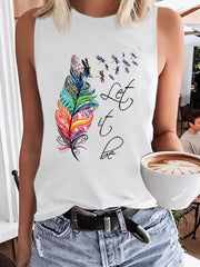 Feather Print Tank Top Sleeveless Crew Neck Casual Tops