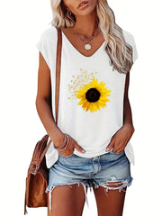 Sunflower Print Cap Sleeve Top V Neck Summer Top