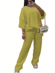 Solid Long Sleeve Top & Pants Set Plus Size Casual Outfit 2 Pcs Set