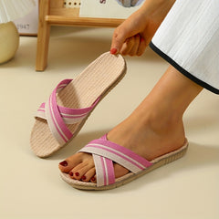 Women's Cross Strap Flat Slides Linen Shoes Comfy Indoor Slides