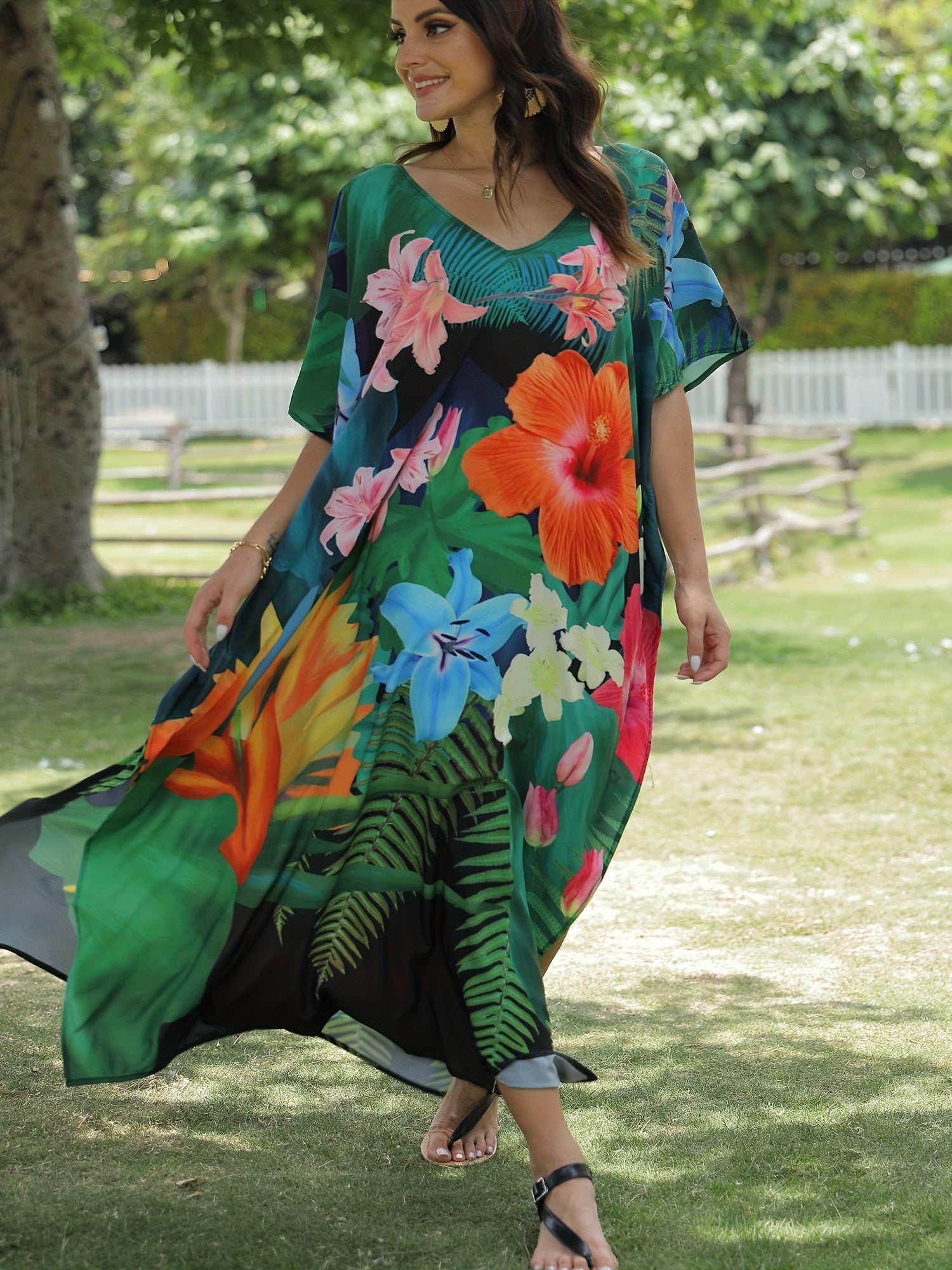 Boho Cover Up Women's V neck Floral Print Short Sleeve Split Cove