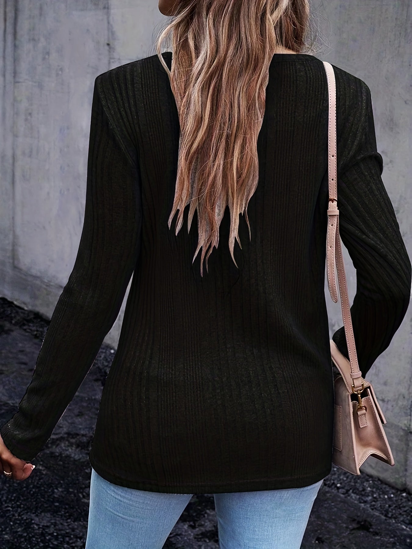 Casual Knit Top Ribbed Knit Long Sleeve Round Neck Pullover Jumper