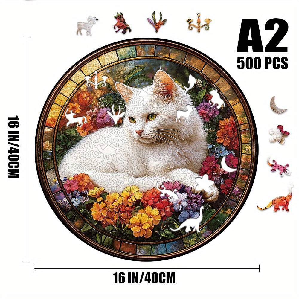 500pcs A2 Wooden Jigsaw Puzzle Cat in Garden High Difficulty