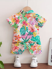 Boys Leaf & Flower Print Outfit Shirt & Shorts Kids Summer Clothes Sets