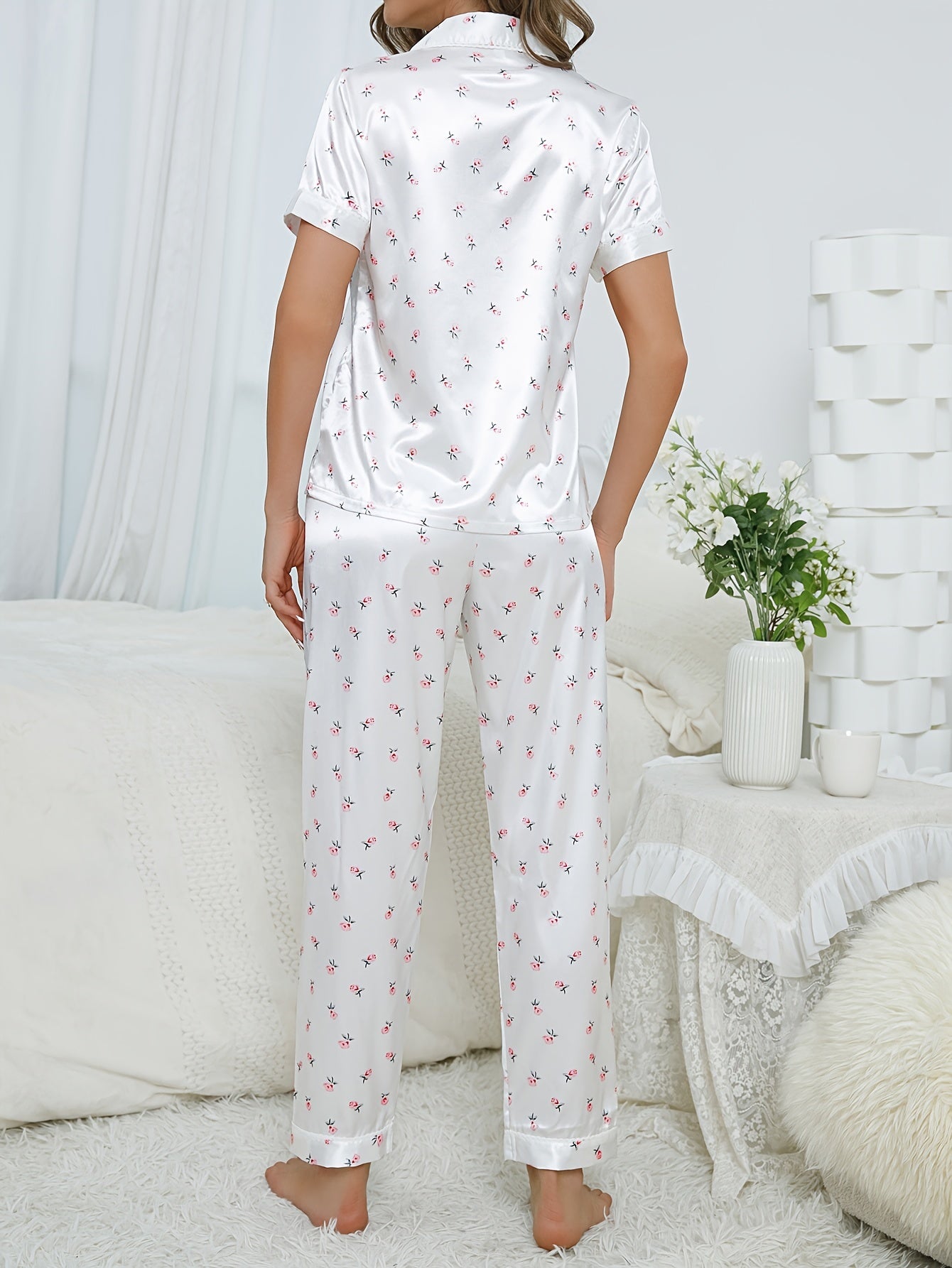 Floral Print Pajama Set Short Sleeve Top & Pants