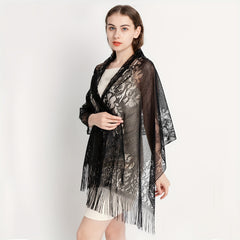 Flower Hollow Out Tassel Shawl Casual Solid Wrap Long Cape