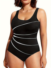 Line Print Scoop Neck Tummy Control One Piece Swimsuit