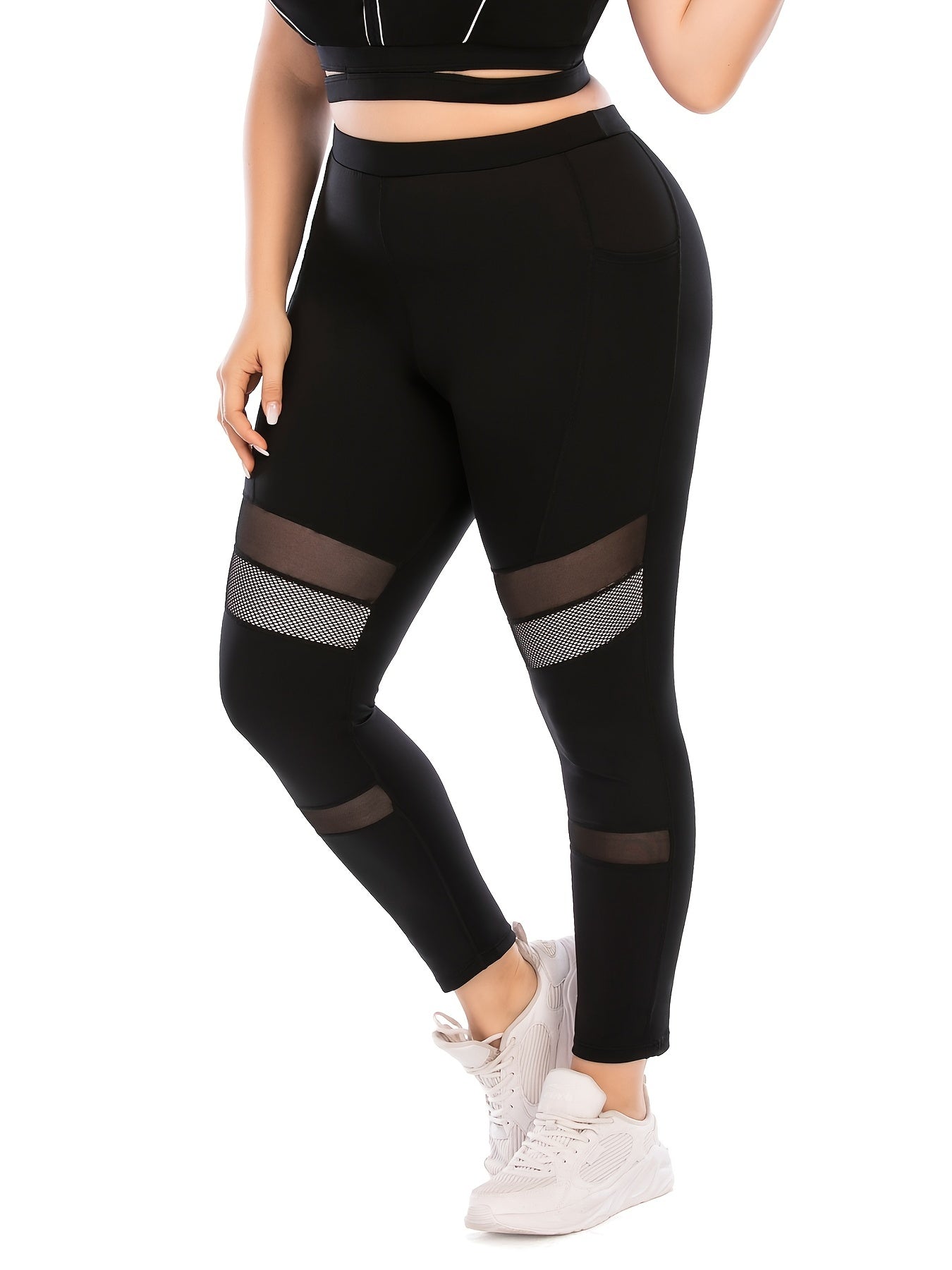 Solid Yoga Sports Leggings With Pocket Women's Plus Medium Stretch