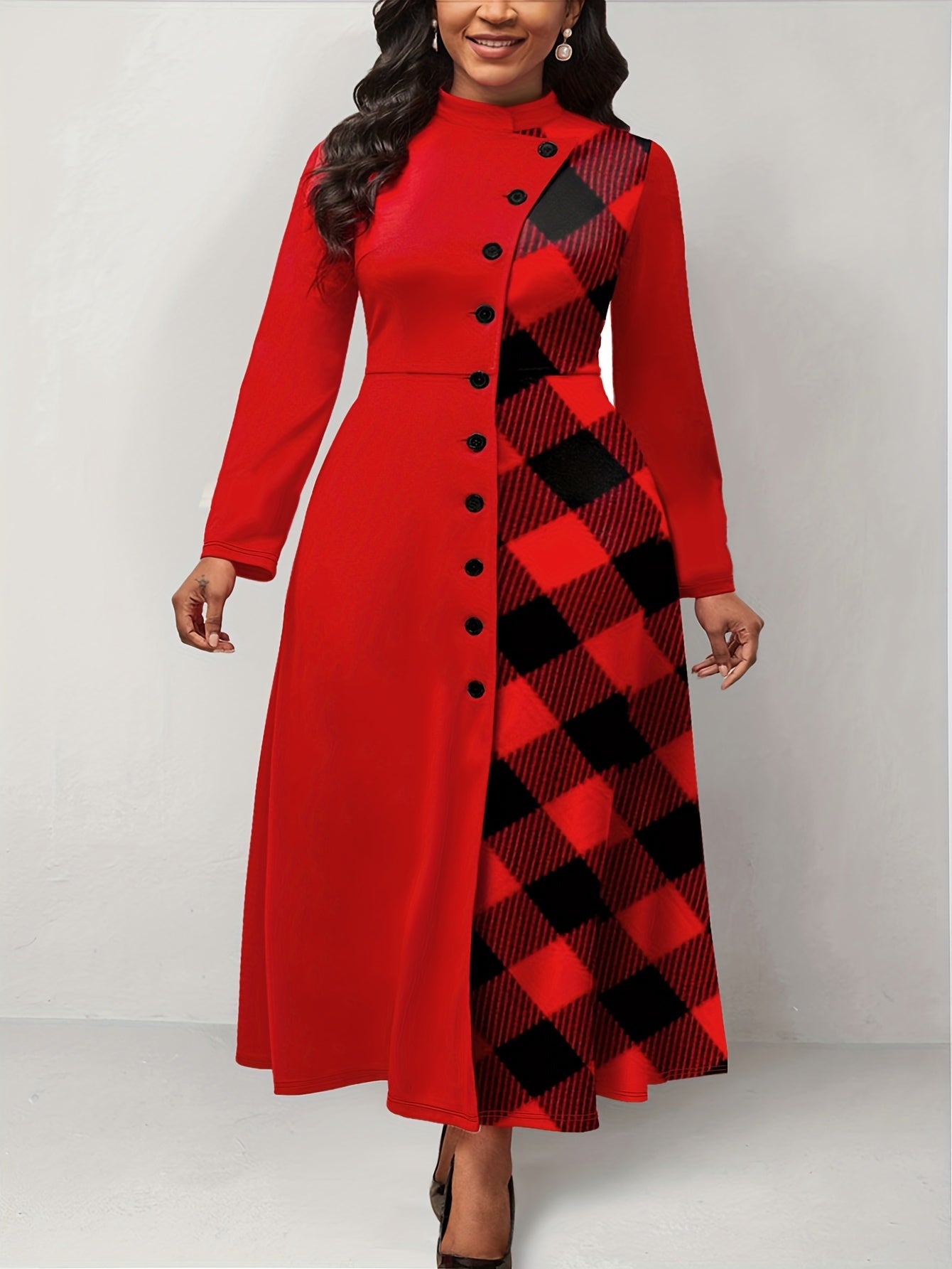 Gingham Print Colorblock Dress Mock Neck Maxi Dress