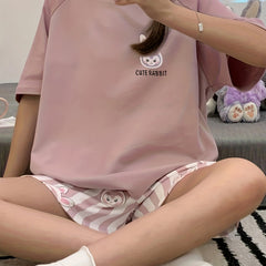 Bunny Print Pajama Set Short Sleeve Top & Striped Shorts Women's Sleepwear