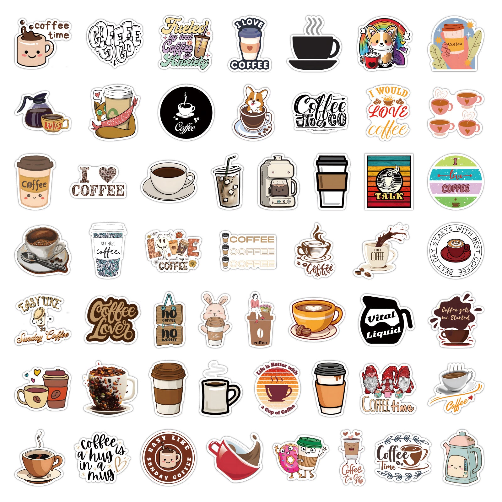 53 Pc Coffee Sticker Pack for Parties & Coffee Accessories