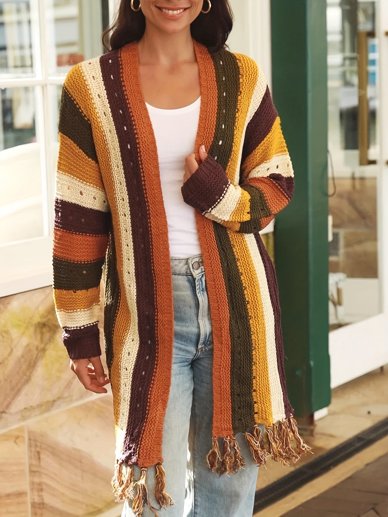 Colorblock Pointelle Tassel Trim Cardigan