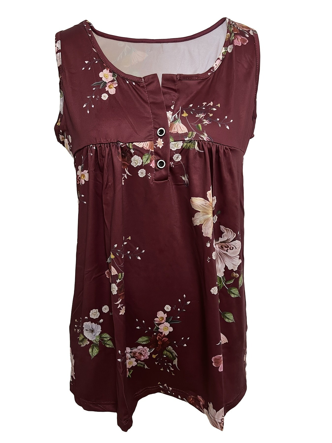 Floral Print Button Tank Top Sleeveless V Neck Tank Top