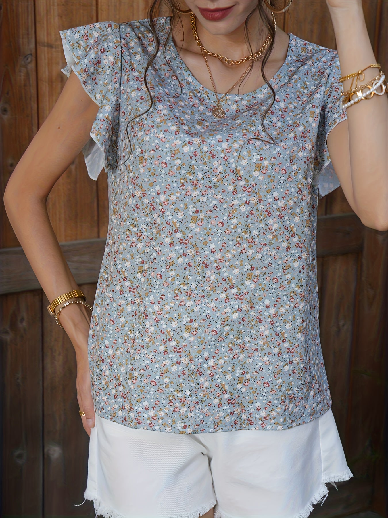 Floral Print Ruffle Trim Cap Sleeve Top