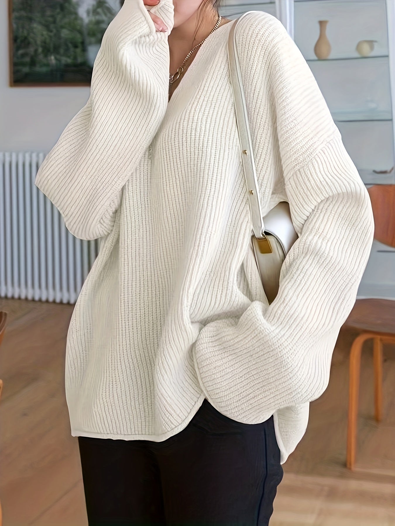 Casual Sweater Women's Plus Solid Ribbed V Neck Pullover