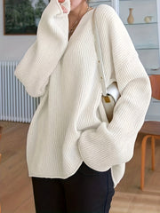 Casual Sweater Women's Plus Solid Ribbed V Neck Pullover