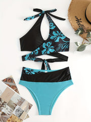 Floral Bikini Set Halter V Neck High Cut Swimsuit