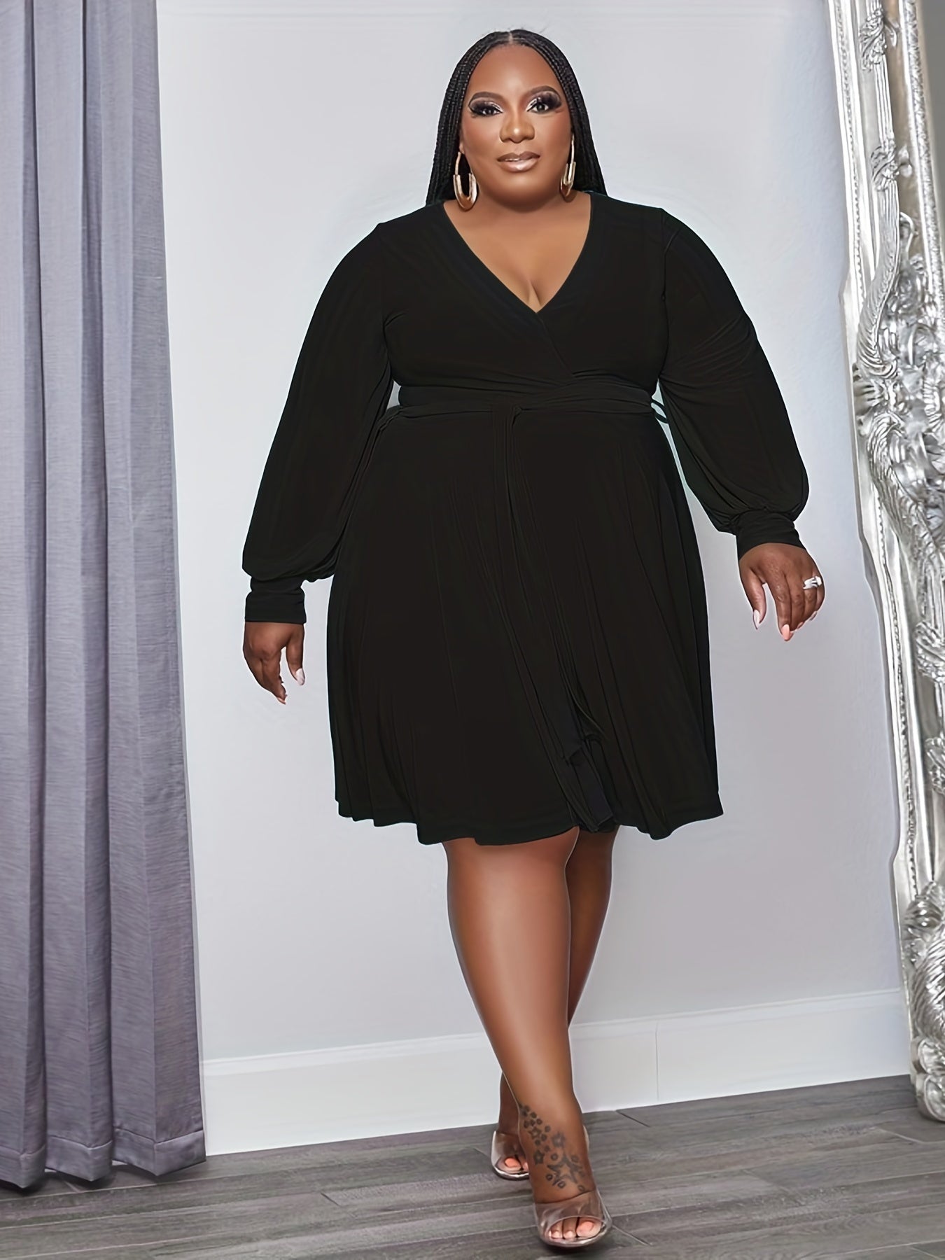 Women's Plus Solid Lantern Sleeve V Neck Flare Dress With Belt