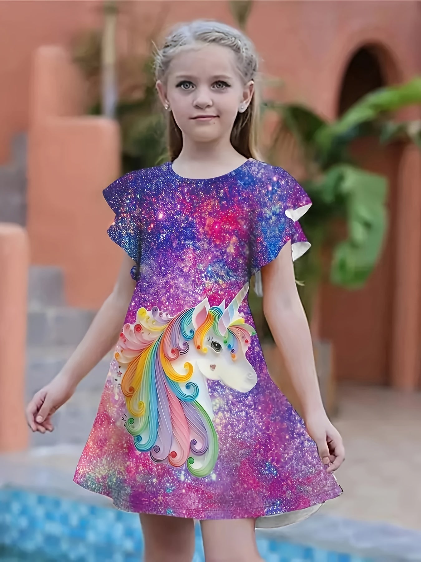 Girls Unicorn Print Dress Ruffle Trim Spring Summer Party Holiday Gift