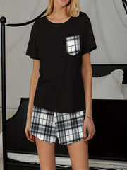Plaid Print Lounge Set Crew Neck Top & Shorts Women's Loungewear