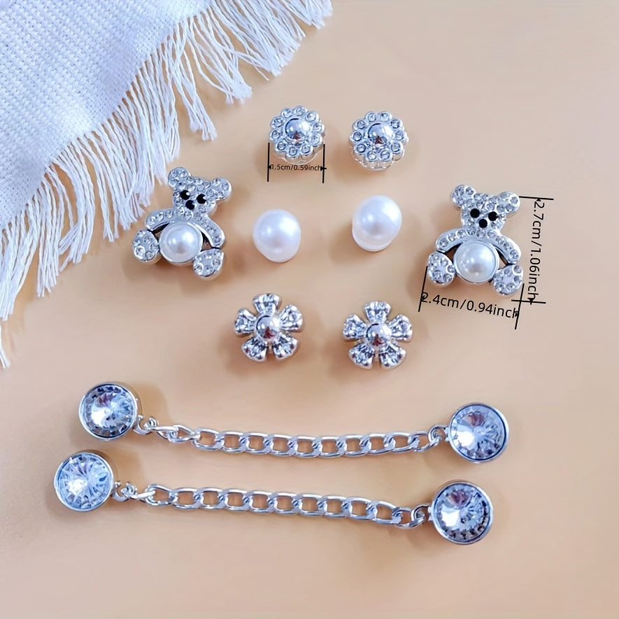 12pcs Hole Shoes Decoration Set Silver Bear Heart Rhinestone Chain
