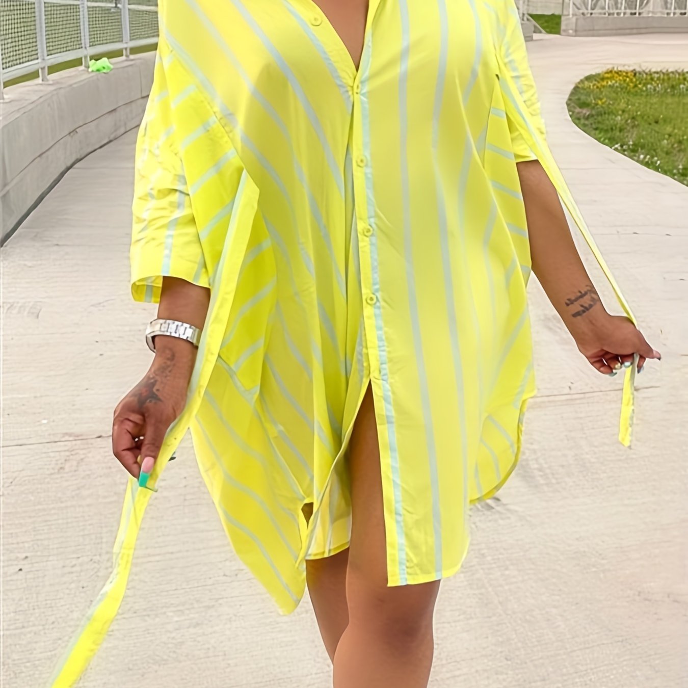 Women's Plus Striped Short Sleeve Button Up Shirt Dress