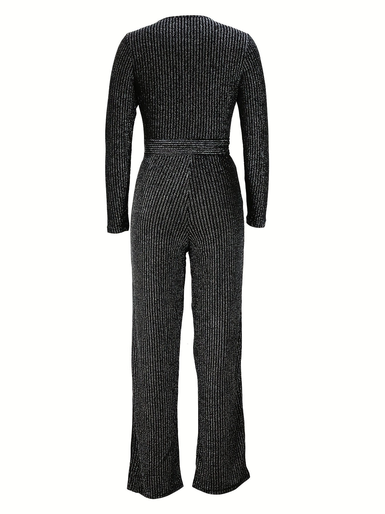 V Neck Tie Waist Jumpsuit Long Sleeve Women's Clothing