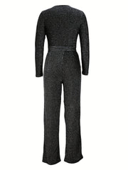V Neck Tie Waist Jumpsuit Long Sleeve Women's Clothing