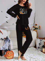 Halloween Print Lounge Set Crew Neck Top & Pants Women's Loungewear