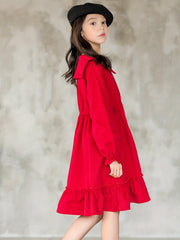 Comfy Cotton Button Long Sleeve Collar Dress Girls' Dress For Party Fall Winter