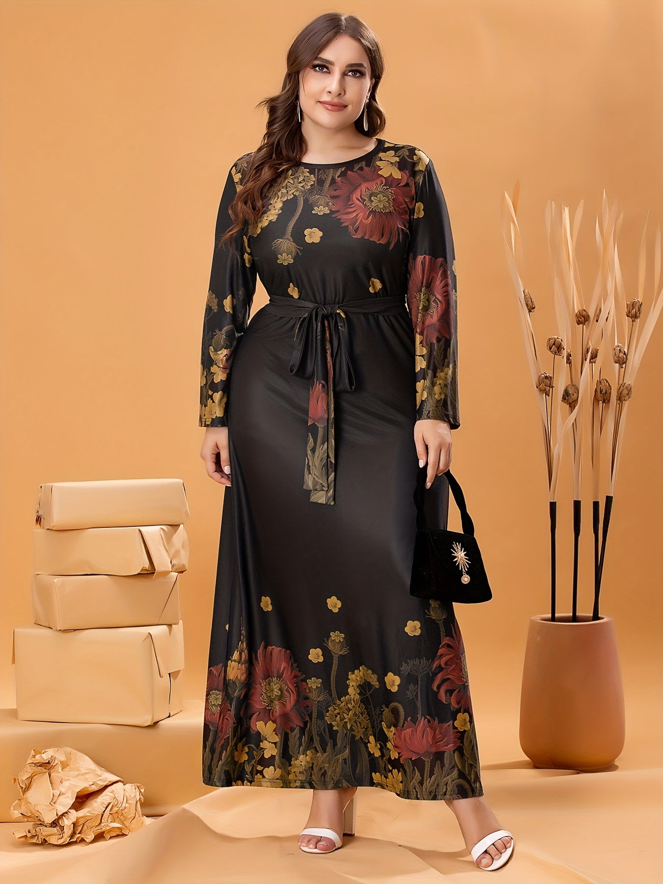 Floral Print Long Sleeve Maxi Dress With Belt