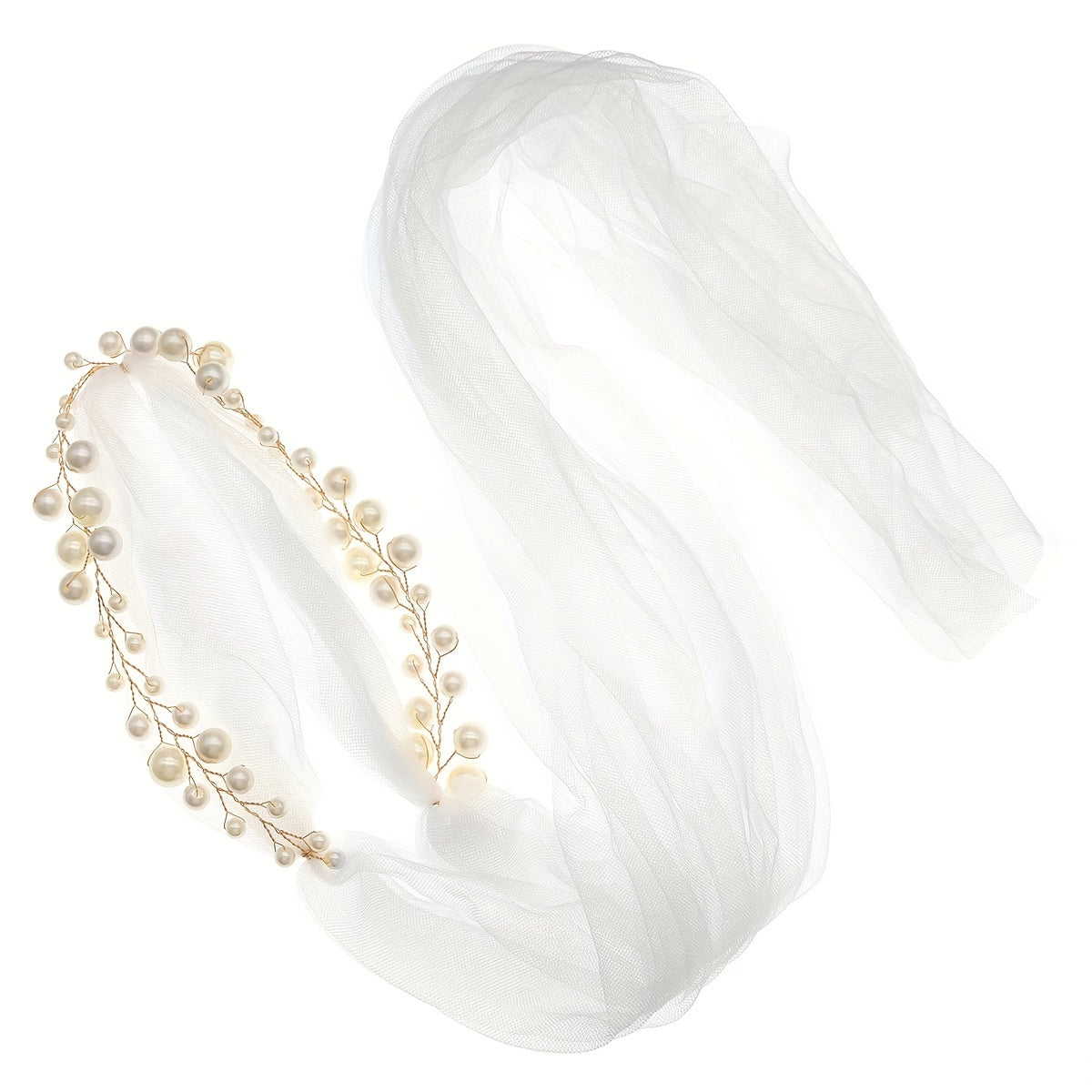 Mesh Long Headband With Faux Pearl Bridal Hair Band