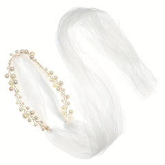 Mesh Long Headband With Faux Pearl Bridal Hair Band