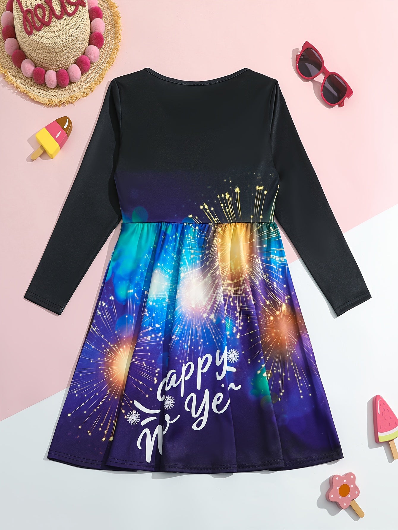 Girls Casual Firework Graphic Long Sleeve Dress